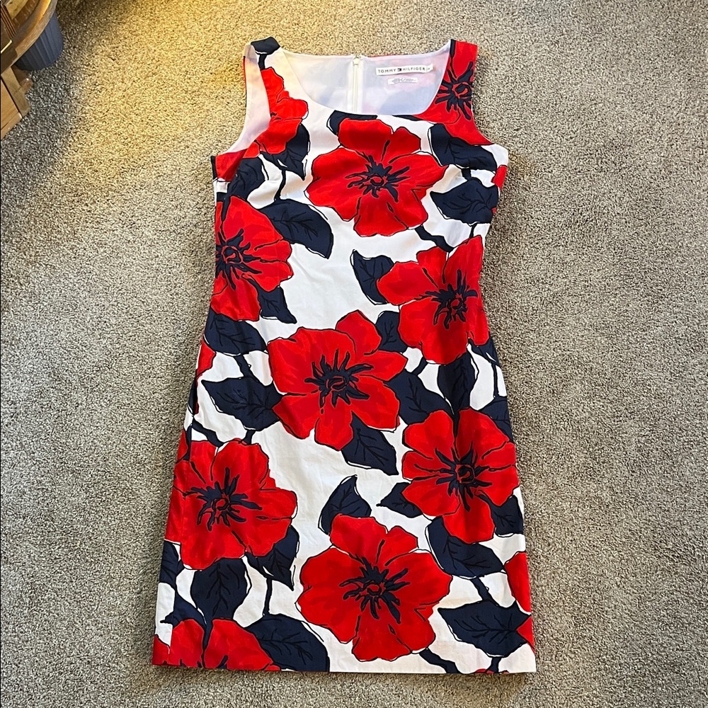 Vintage Tommy Hilfiger Ultra Bold Red Blue Floral Cotton Shift sz4 Made in Oman - Picture 1 of 9